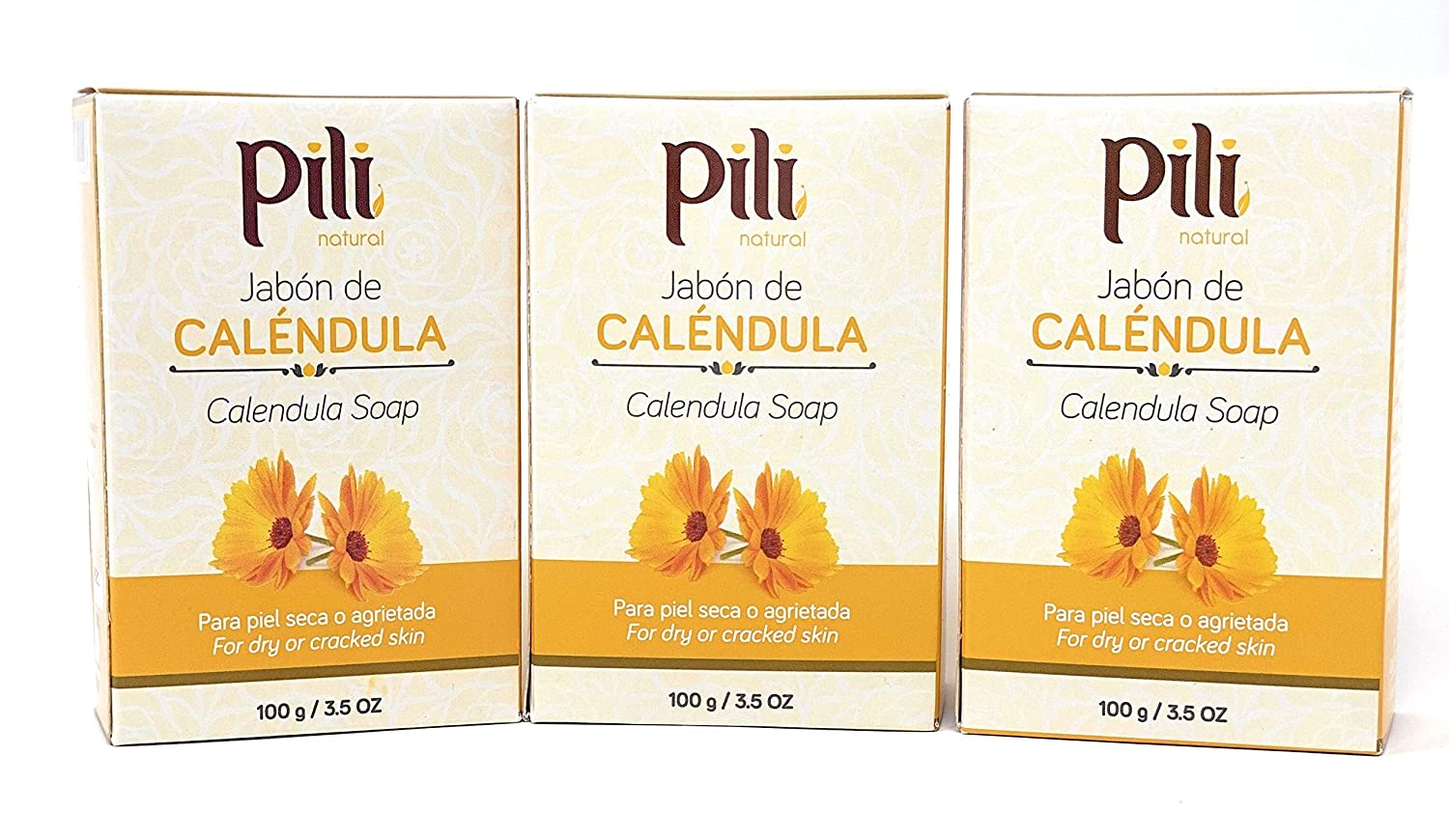 Pili Natural Calendula Soap Bars (3 Pack). Face and Body Soap Bars. For dry or cracked skin. For Men, Women and Teens.